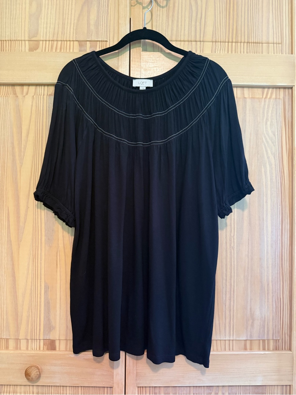 LOFT Black Pleated Yoke Short-Sleeve Shirt